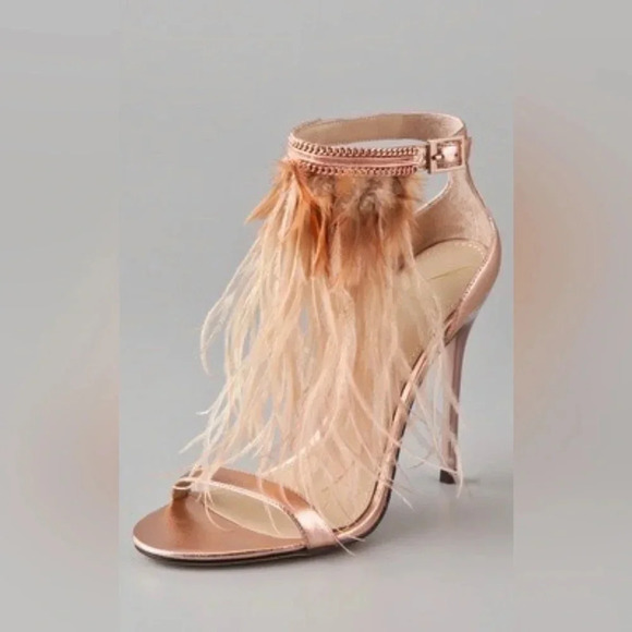 ! B Brian Atwood Laracca Feather Rose Gold Bronze Metallic Sandals 6! - Picture 1 of 9